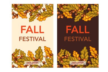 Sonbahar Hasat Festivali Bayrağı şablonu. Hasat Festivali Poster Tasarımı. Sonbahar Hasat ve Yaprakları ile Tahta Kutu. Balkabağı, elma, meşe palamudu ve sonbahar yeşili. Taze meyve çiftliği. Şükran Günü Tasarımı için sonbahar unsurları. Sonbahar Düzeni Şablonu