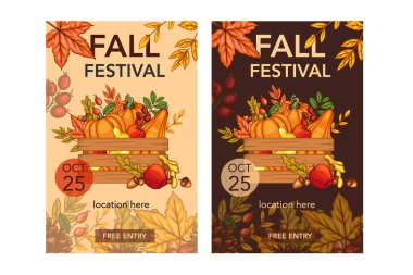 Sonbahar Hasat Festivali Bayrağı şablonu. Hasat Festivali Poster Tasarımı. Sonbahar Hasat ve Yaprakları ile Tahta Kutu. Balkabağı, elma, meşe palamudu ve sonbahar yeşili. Taze meyve çiftliği. Şükran Günü Tasarımı için sonbahar unsurları. Sonbahar Düzeni Şablonu