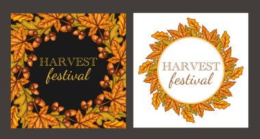 Sonbahar Hasat Festivali Bayrağı şablonu. Hasat Festivali Poster Tasarımı. Sonbahar Hasat ve Yaprakları ile Tahta Kutu. Balkabağı, elma, meşe palamudu ve sonbahar yeşili. Taze meyve çiftliği. Şükran Günü Tasarımı için sonbahar unsurları. Sonbahar Düzeni Şablonu