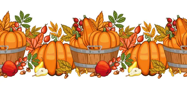 Balkabağı, meşe palamudu ve yapraklarla Garland 'a düş. Kusursuz Yatay Arkaplan. Sonbahar İllüstrasyonu. Sonbahar Çiçeği Tasarımı. Botanik çelengi tertemizdi. Hasat Festivali Sınır Çerçevesi