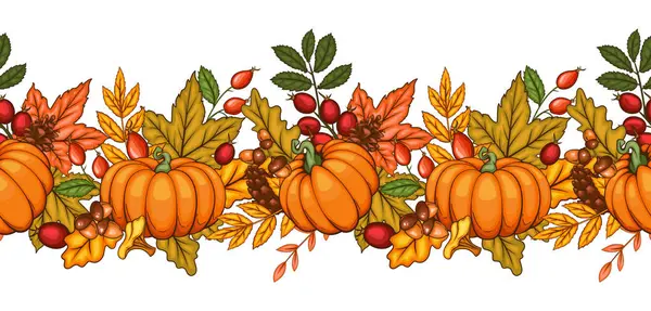 Balkabağı, meşe palamudu ve yapraklarla Garland 'a düş. Kusursuz Yatay Arkaplan. Sonbahar İllüstrasyonu. Sonbahar Çiçeği Tasarımı. Botanik çelengi tertemizdi. Hasat Festivali Sınır Çerçevesi