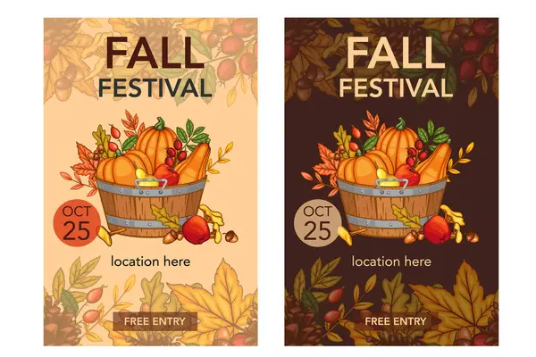 Sonbahar Hasat Festivali Bayrağı şablonu. Hasat Festivali Poster Tasarımı. Sonbahar Hasat ve Yaprakları ile Tahta Kutu. Balkabağı, elma, meşe palamudu ve sonbahar yeşili. Taze meyve çiftliği. Şükran Günü Tasarımı için sonbahar unsurları. Sonbahar Düzeni Şablonu