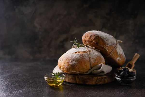 Fresh Organic Homemade Artisan Ciabatta Bread Dark Rustic Background Sourdough — Stock Photo, Image