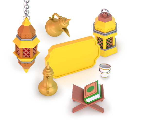 Ramadan Islamic Frame With Lanterns and Coffee Pots Perspective View