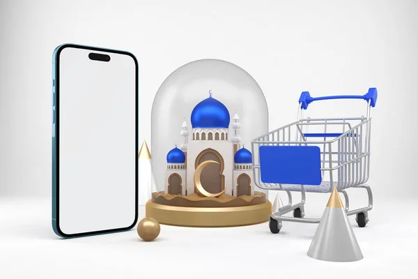 Ramadan Shopping App Phone Left Side White Background — стокове фото