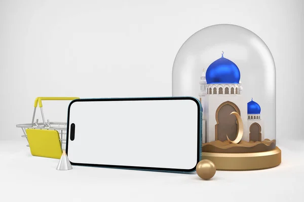 Ramadan Shopping App Phone Right Side White Background — стокове фото