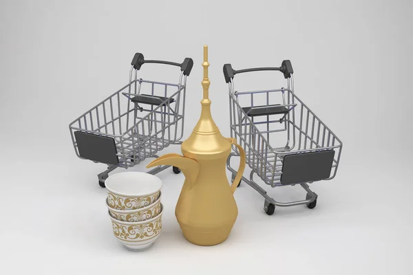 Eid Shopping Trolleys Voorzijde Witte Achtergrond — Stockfoto
