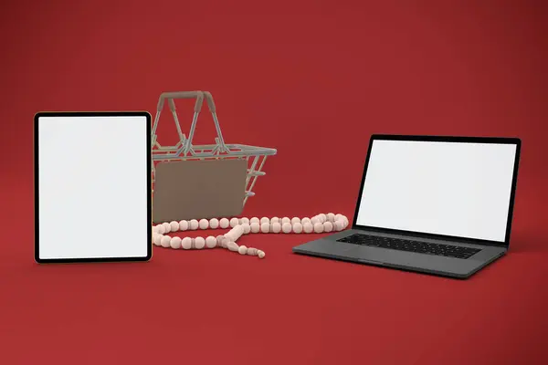 Koszyk Tablet Zakupy Laptopem Prawej Stronie — Zdjęcie stockowe
