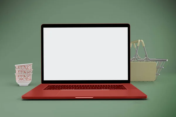 Kosz Zakupy Laptop Przodu — Zdjęcie stockowe
