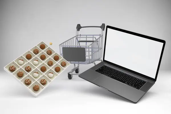 Eid Einkaufswagen Und Laptop Rechts Weißen Hintergrund — Stockfoto