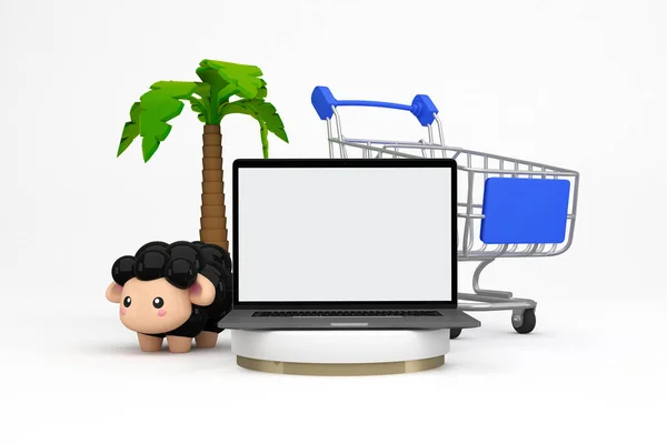 Adha Shopping Trolley and Laptop Front Side In White Background