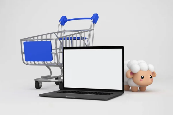 Adha Einkaufswagen Und Laptop Rechts Weißen Hintergrund — Stockfoto