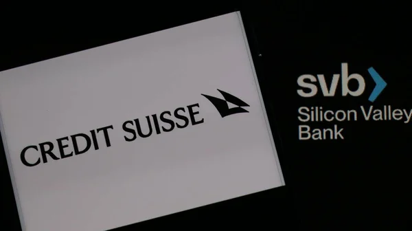 Crédito Logotipo Suisse Com Silicon Valley Bank Logotipo Svb Segundo — Fotografia de Stock