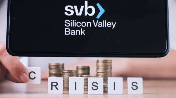 Silicon Valley Bank Svb Logo Wood Tiles Wording Crisis Background — Stock Photo, Image