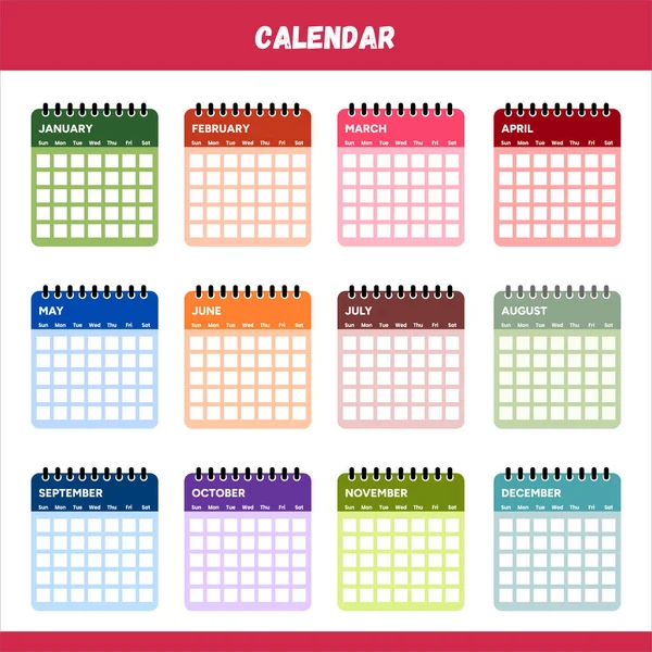 Calendario Calendario Annuale Mese Anno Calendario Mensile Calendario Anno Calendario — Vettoriale Stock