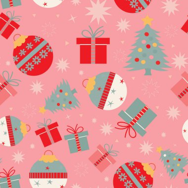 Noel ağaçları, hediyeler, tekrarlayan süsler. Vektör illüstrasyonu ambalaj kağıdı, hediye paketleri, battaniyeler, Noel kartları için harika.