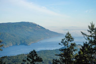 Saltspring Adası ve Tuam Dağı 'nın güney ucunda sisli bir okyanus yaklaşıyor.
