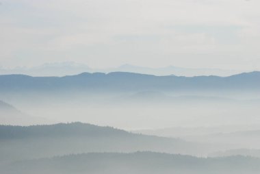Güzel katmanlı sis manzaralı İngiliz Kolombiya Dağları