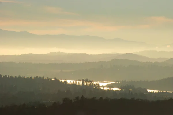 Oszałamiające Kolory Południu Wyspy Vancouver Gdy Słońce Zachodzi Przez Mgliste — Zdjęcie stockowe
