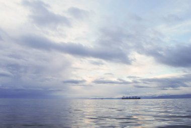 Bir konteyner gemisi kasvetli ve sakin bir sabahta Juan De Fuca Boğazı 'nda yol alır.