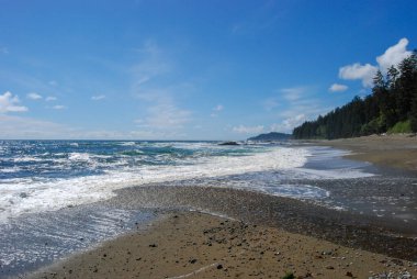 Okyanus dalgaları, M.Ö. Vancouver Adası 'nın batı kıyısındaki uzak bir plaja çarpıyor.