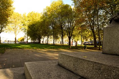 Concrete steps in the foreground of an emtpy autumnal park during fall