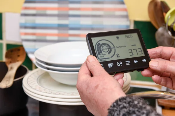 The woman checks the smart meter to see weekly cost of electricity to power appliances and cook food