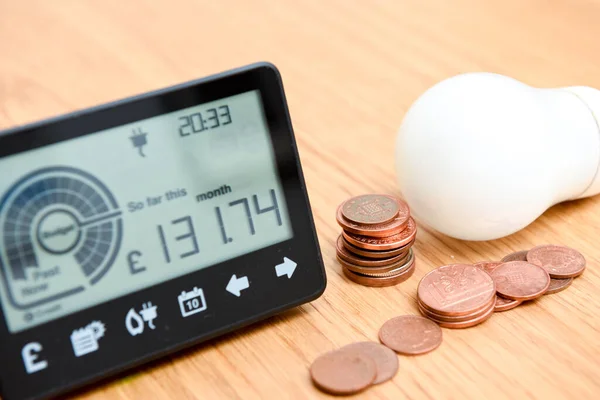 Smart meter and coins to represent cost of fuel and electricity for household bills