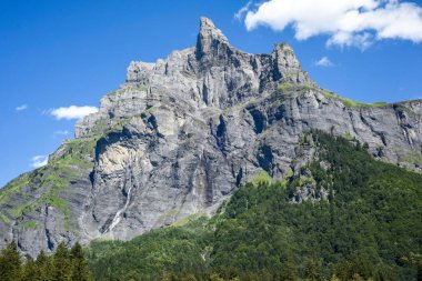 Zirvede dağın zirvesi gökyüzüne uzanırken orman ve yapraklar aşağıda yetişiyor.