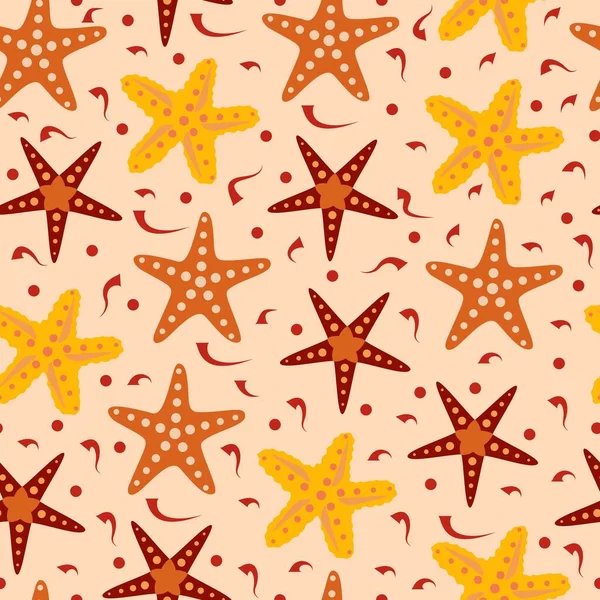 ヒトデのザリンクル不規則なシームレスなパターン 黄色と茶色のドードルの海の星は ファブリックのための編集無限のテクスチャ — ストックベクタ