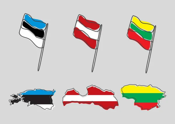 Stylizované Obrysové Mapy Estonie Lotyšska Litvánie Ikonami Národních Vlajek Vlajka — Stockový vektor