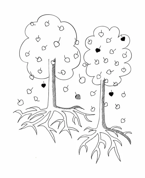 Doodle Obraz Dwa Drzewa Spadł Kształt Liści Serca Korzenie Sztuka — Wektor stockowy