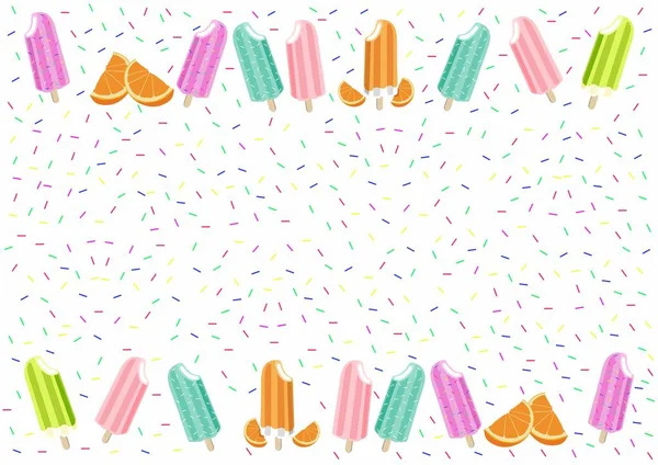 White Sprinkles Frame Background Cute Pastel Popsicle Ice Cream Design — Stock Vector