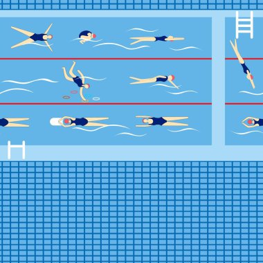 Yüzme havuzunda yüzücüler. Şeritli profesyonel yüzme havuzu. İnsanlar yüzme havuzunda yüzer.