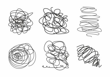 Kömür kalem kıvrımlı çizgiler ve kıvrımlar. Scribble fırça darbeleri vektör kümesi. El çizimi kalem karalamaları