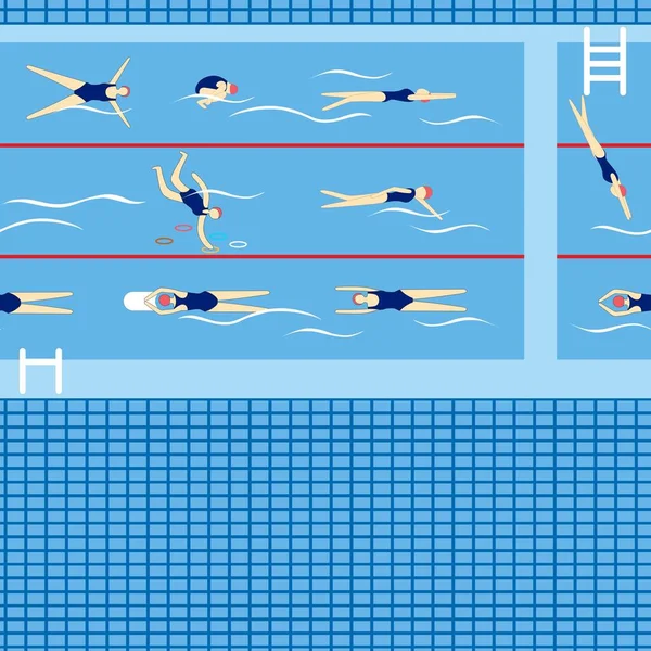 Пловцы Бассейне Спортивный Профессиональный Бассейн Дорожками Люди Плавают Общественном Бассейне — стоковый вектор
