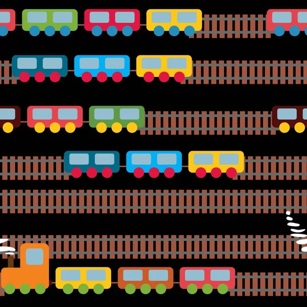Roztomilé Barevné Vlaky Železnice Bezproblémový Vzorec Černé Pozadí Jasné Barvy — Stockový vektor