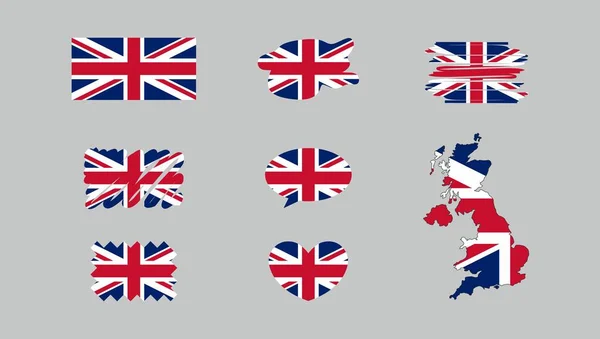 Флаги Великобритании Установлены Различные Конструкции Сером Фоне Карта Флаги Мира — стоковый вектор