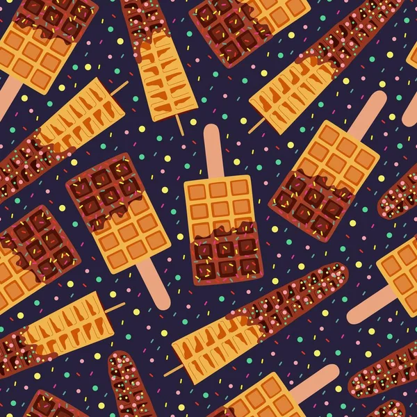 Sweet food and dessert food, vector seamless pattern of golden brown homemade corn dog waffle on a stick in various flavors decorations and dark or black chocolate.
