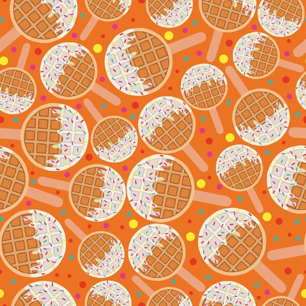 Sweet food and dessert food, vector seamless pattern of circle golden brown homemade corn waffle on a stick