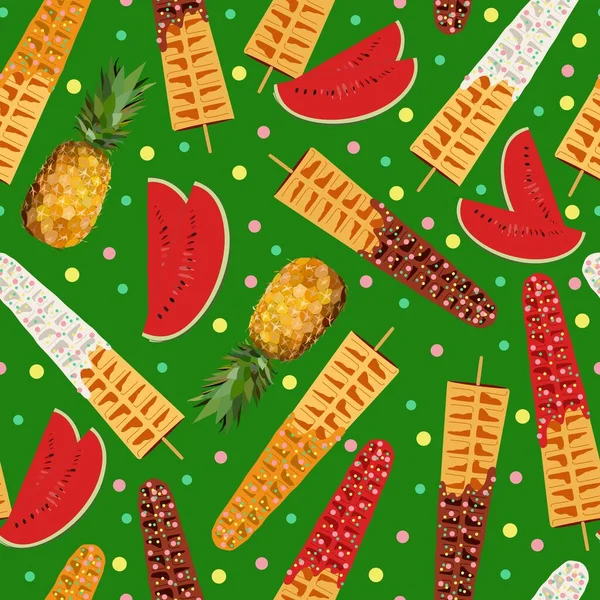 Sweet food and dessert food, vector green seamless pattern of golden brown homemade corn dog or hot dog waffle on a stick in various flavors decorations and chocolate. Watermelon, pineapple.