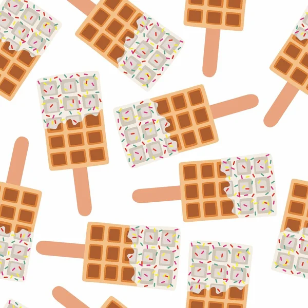 Sweet food and dessert food, vector seamless illustration of golden brown homemade corn dog or hot dog waffle on a stick in various flavors decorations and white chocolate. Fabric, textile, print.