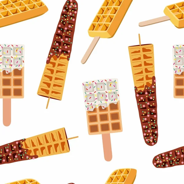 Sweet food and dessert food, vector seamless pattern of golden brown homemade corn dog or hot dog waffle on a stick in various flavors decorations and white, black chocolate. Print, textile, fabric.