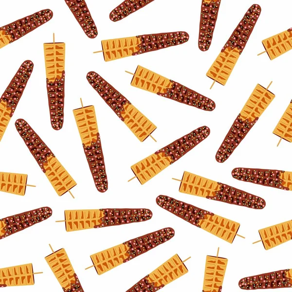 Sweet food and dessert food, vector seamless pattern of golden brown homemade corn dog or hot dog waffle on a stick in various flavors decorations and chocolate. Print, textile, fabric, wrapping.
