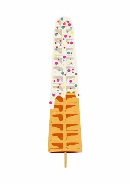 Sweet food and dessert food, vector illustration of golden brown homemade corn dog or hot dog waffle on a stick in various flavors decorations and white chocolate.