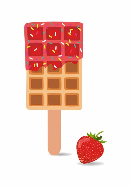 Sweet food and dessert food, vector illustration of golden brown homemade corn dog or hot dog waffle on a stick in various flavors decorations and red chocolate with whole strawberry.