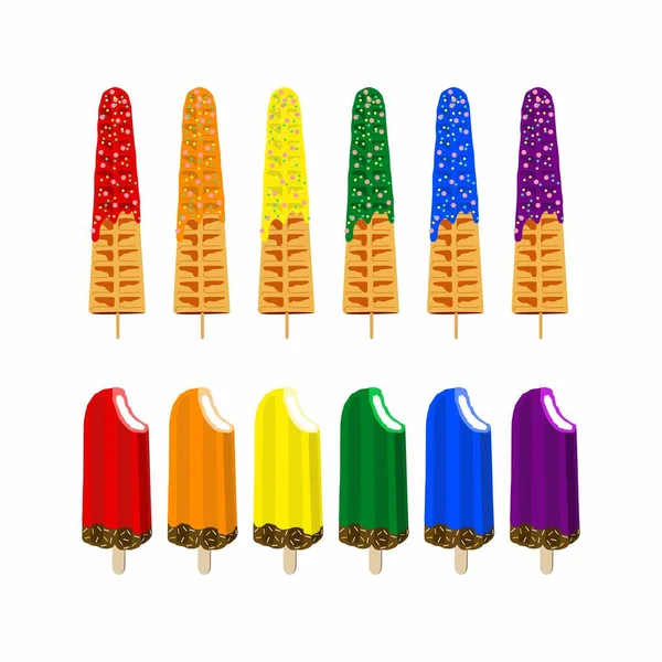 Rainbow Colors Waffles Ice Creams Sweet Food Dessert Food Vector — Stock Vector