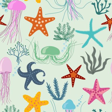 Denizanaları, yosunlar ve seastarlarla kusursuz vektör deseni. Kumaş, ambalaj, tekstil, duvar kağıdı ve giysi için hoş bir doku..