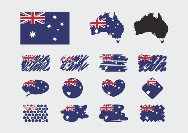 Conjunto Pino Australiano Ícone Bandeiras Ponteiro Mapa Ilustração Vetorial — Vetor de Stock