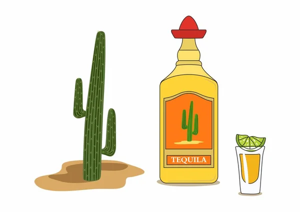 Bouteille Vectorielle Tequila Photo Tequila Chaux Sur Fond Blanc Cactus — Image vectorielle